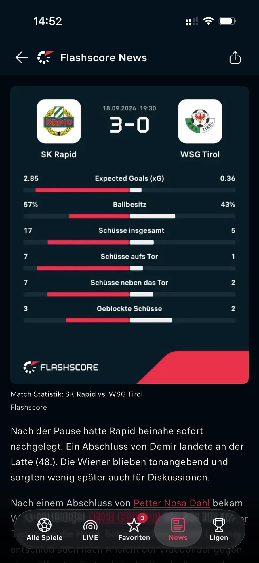 Flashscore News App: Artikel mit Match-Statistik SK Rapid gegen WSG Tirol