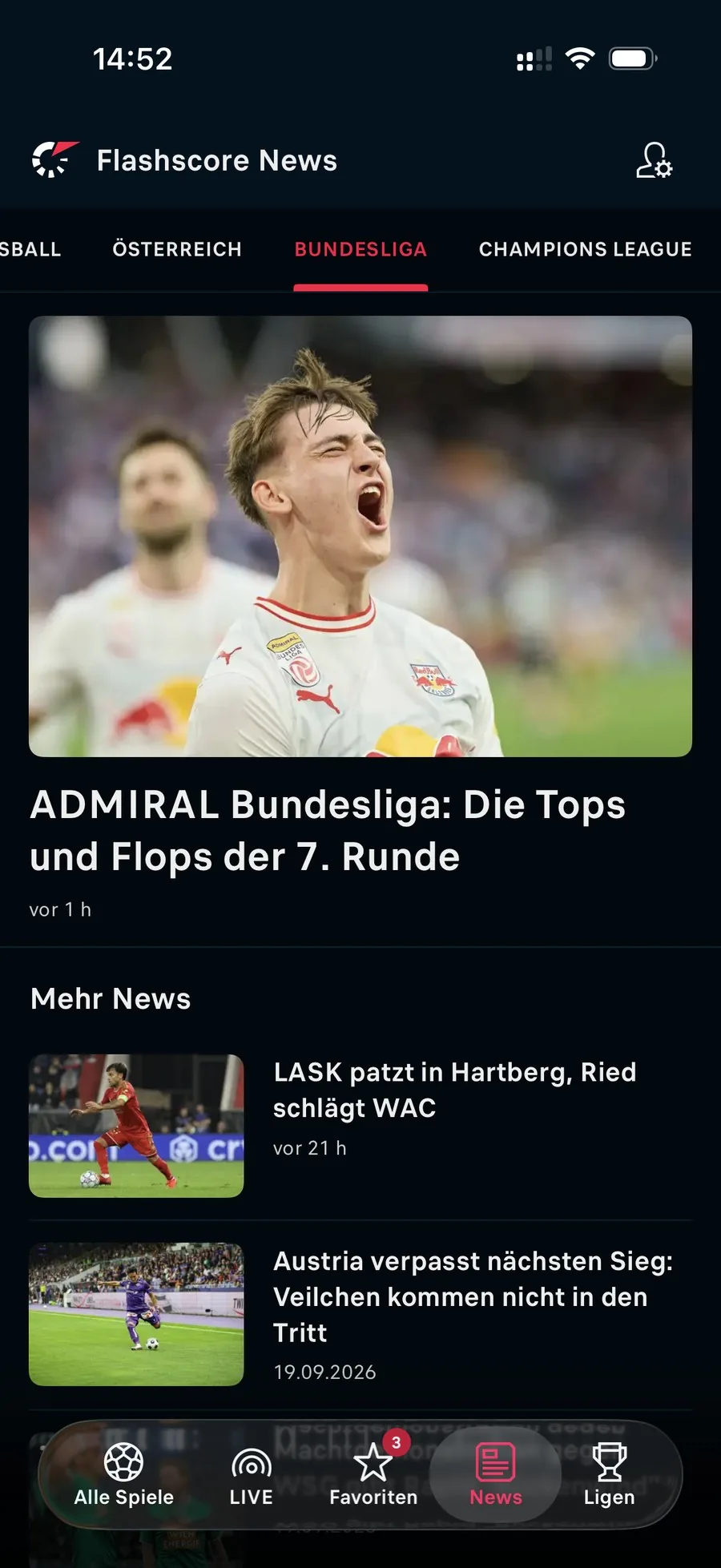 Flashscore News App: Rubrik Österreich mit Aufmacher zur ADMIRAL Bundesliga
