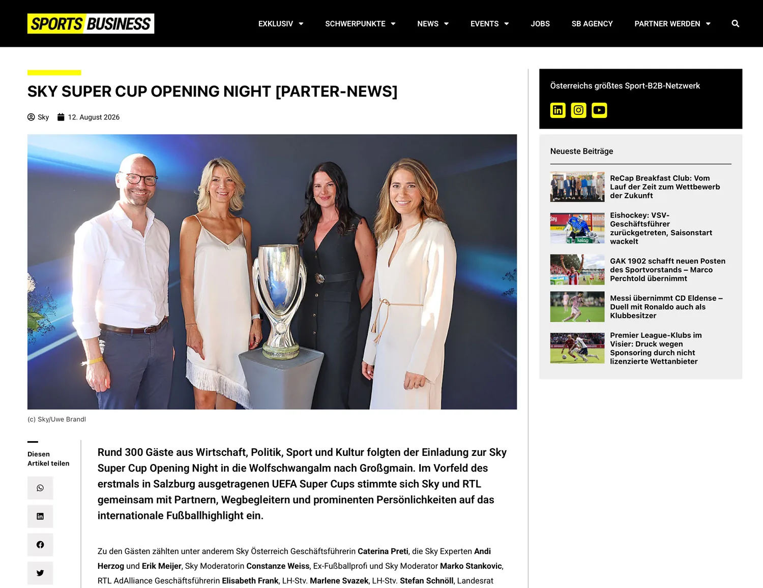 Artikelseite auf sportsbusiness.at mit Exklusiv-News und Sidebar „Österreichs größtes Sport-B2B-Netzwerk“