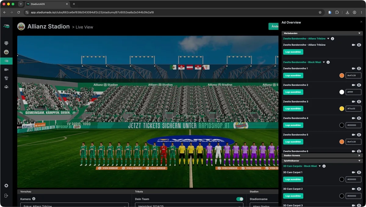 Live View des Allianz Stadions in StadiumADS mit belegten Bandenreihen und Sponsorenlogos